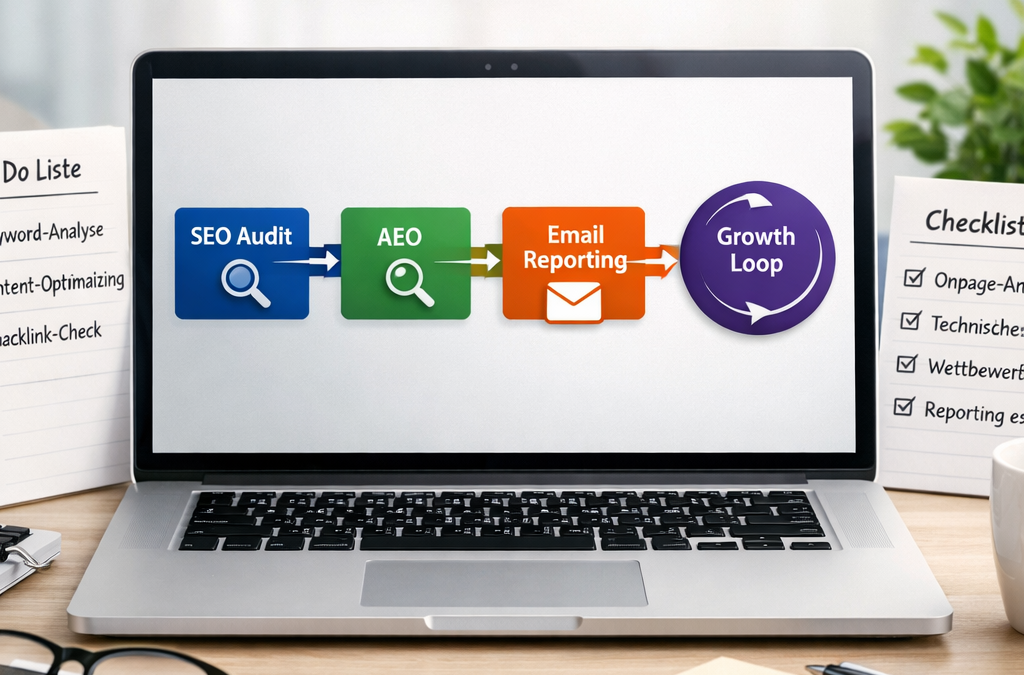Marketing & SEO 2026: Der automatisierte Wachstums-Workflow (SEO-Audit → AEO → E-Mail-Reporting) – mit Tools, Checkliste & 90-Tage-Plan