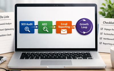 Marketing & SEO 2026: Der automatisierte Wachstums-Workflow (SEO-Audit → AEO → E-Mail-Reporting) – mit Tools, Checkliste & 90-Tage-Plan